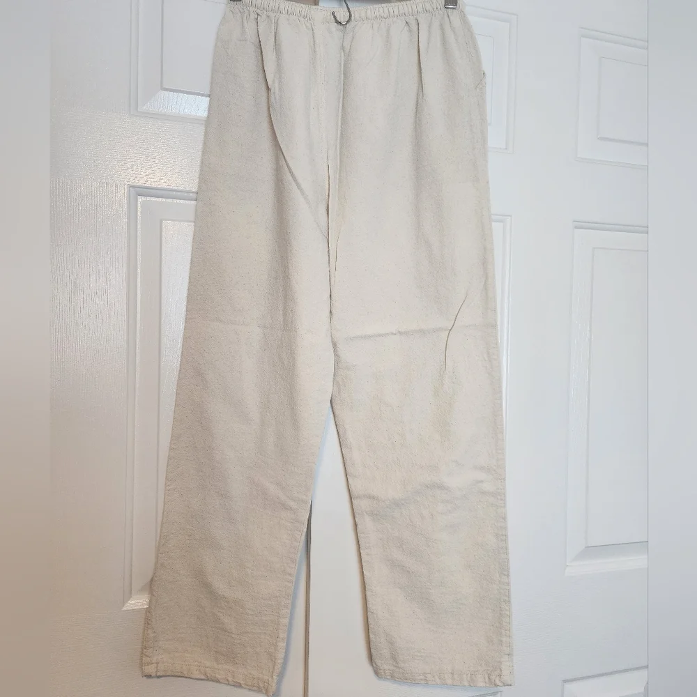 Cream Color Cotton Pockets Faux Zipper Straight Leg Wome's Pants Size L